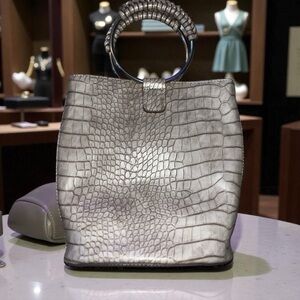 Beautiful Silver Crocodile-Embossed Bucket Handbag